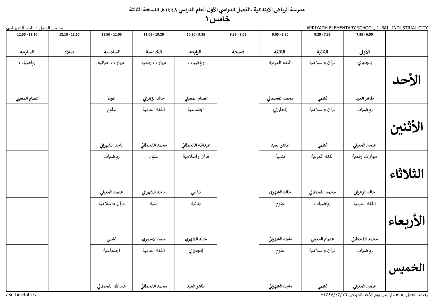 جدول الفصل خامس ١